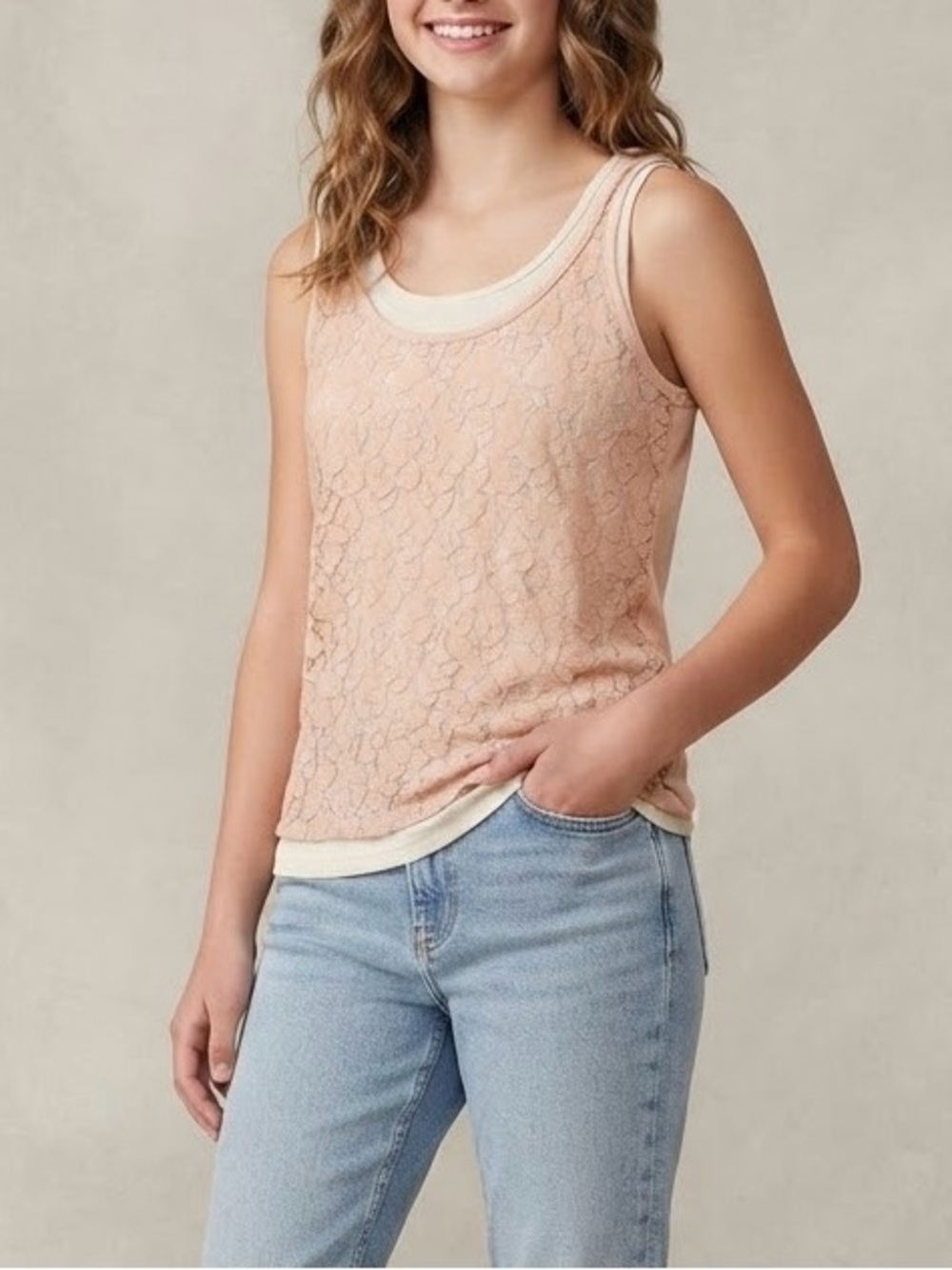 Elle Layered Lace-Front Tank Top in Blush and White